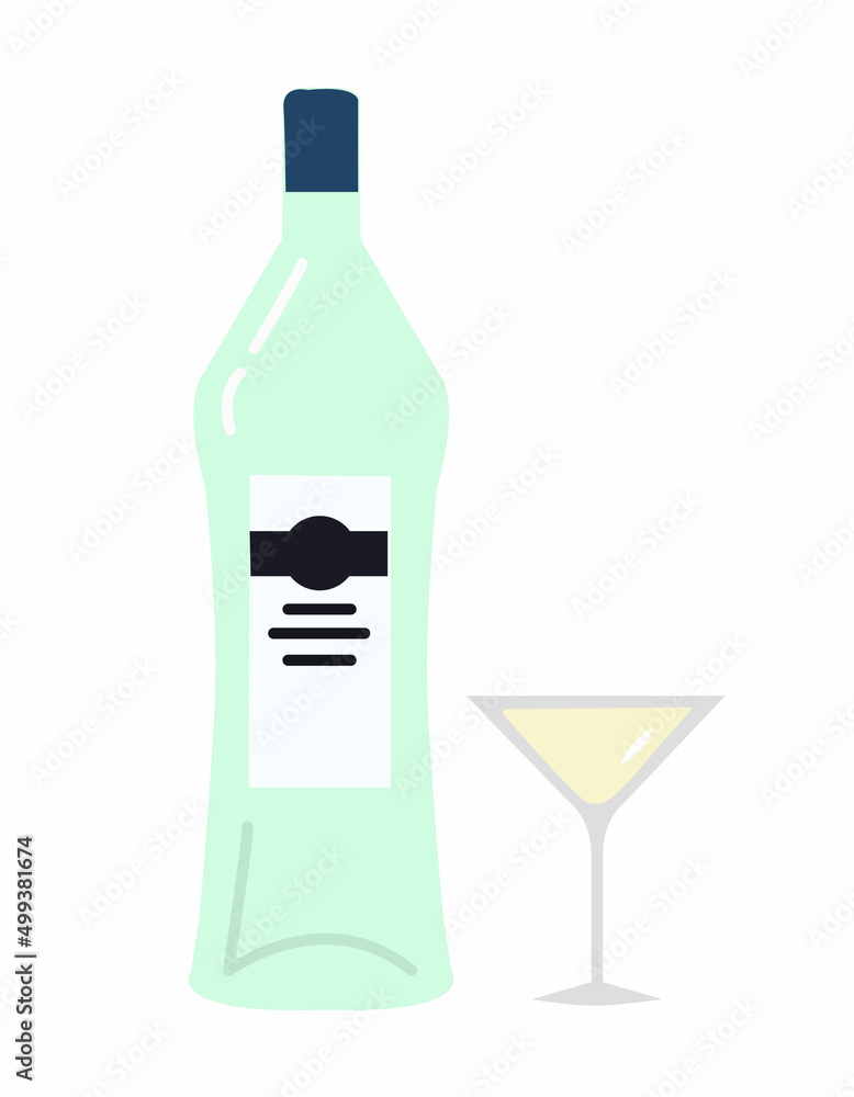 Bottle and glass martini in hand drawn style. Restaurant illustration for celebration design. Retro sketch. Design element. Beverage flat icon. Isolated on white background Bottle and glass martini in hand drawn style. Restaurant illustration for celebration design. Retro sketch. Design element. Beverage flat icon. Isolated on white background