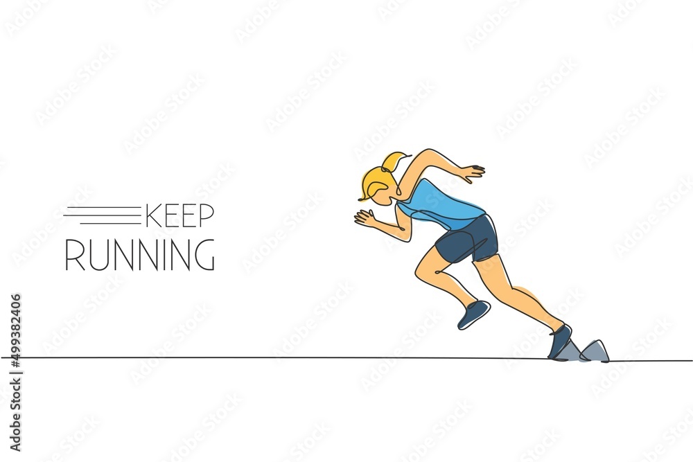 Single continuous line drawing of young agile woman runner focus practicing to run fast. Healthy lifestyle concept. Trendy one line draw design vector graphic illustration for running race promotion Single continuous line drawing of young agile woman runner focus practicing to run fast. Healthy lifestyle concept. Trendy one line draw design vector graphic illustration for running race promotion
