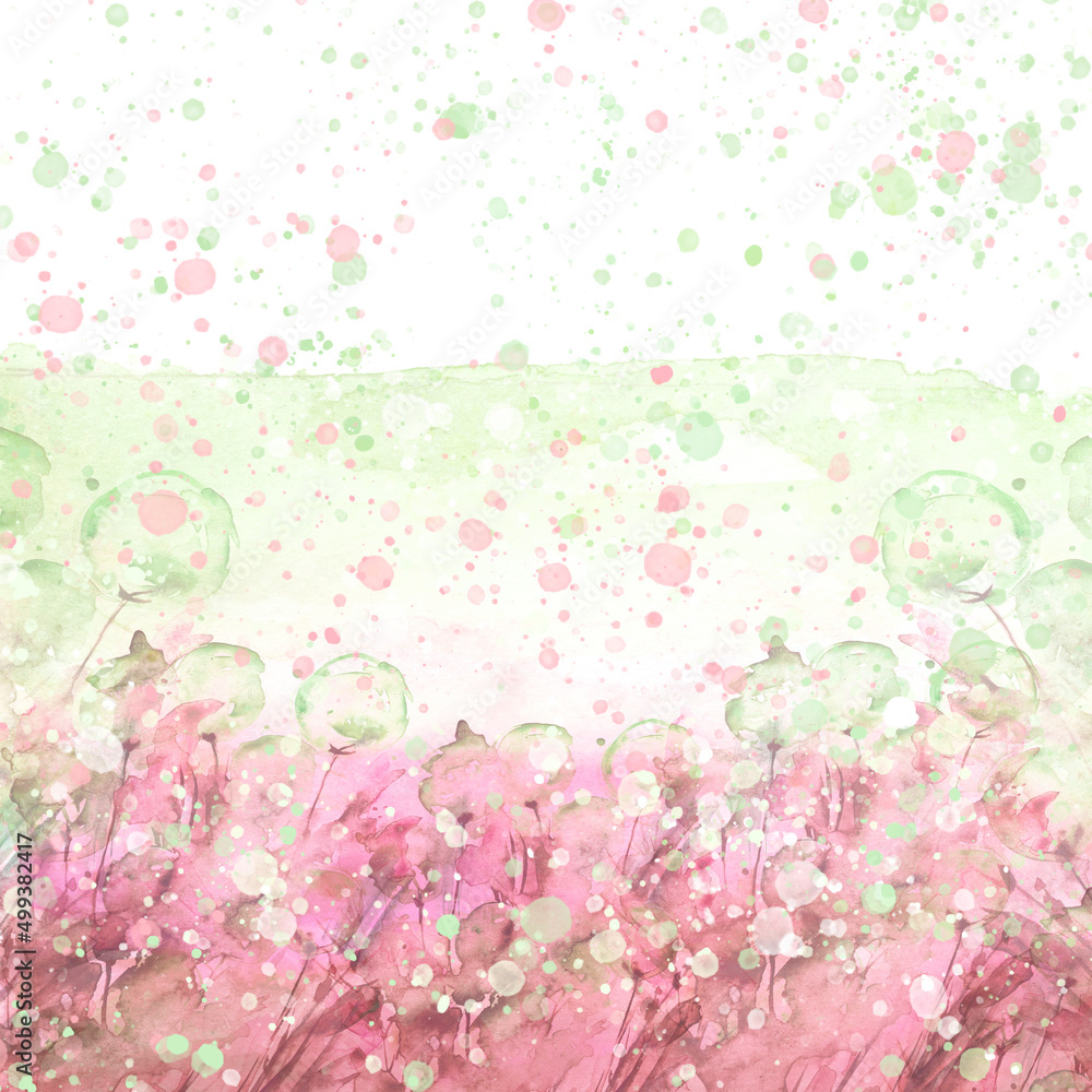 Watercolor illustration, postcard. Wild flower dandelion, air dandelion, flowers, petals, leaves, grass, splash of paint. Abstract summer background.Floral watercolor background. Dandelion pollen