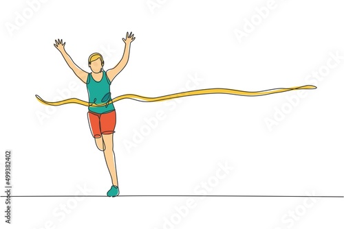One continuous line drawing of young sporty man runner crosses the finish line. Health activity sport concept. Dynamic single line draw design vector illustration for running event promotion poster
