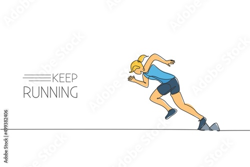 Single continuous line drawing of young agile woman runner focus practicing to run fast. Healthy lifestyle concept. Trendy one line draw design vector graphic illustration for running race promotion
