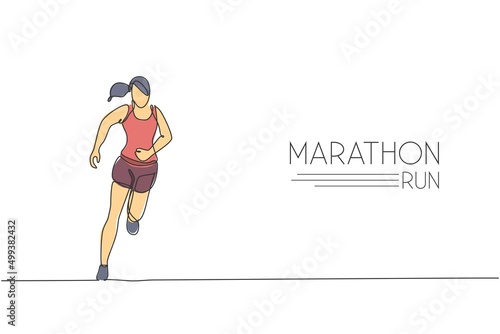 Single continuous line drawing of young agile woman runner hobby to run relax and calm. Healthy sport action concept. Trendy one line draw design graphic vector illustration for running race promotion