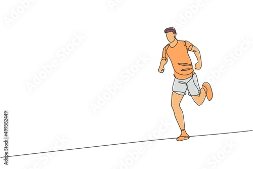 Single continuous line drawing young agile man runner hobby to run relax at leisure time. Healthy lifestyle concept. Trendy one line draw design vector illustration graphic for running race promotion