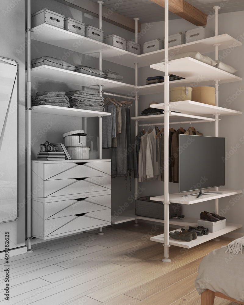 Architect interior designer concept: hand-drawn draft unfinished project that becomes real, bedroom walk in closet close up. Mirror, parquet, chest of drawers. Hanging clothes, shoes Architect interior designer concept: hand-drawn draft unfinished project that becomes real, bedroom walk in closet close up. Mirror, parquet, chest of drawers. Hanging clothes, shoes