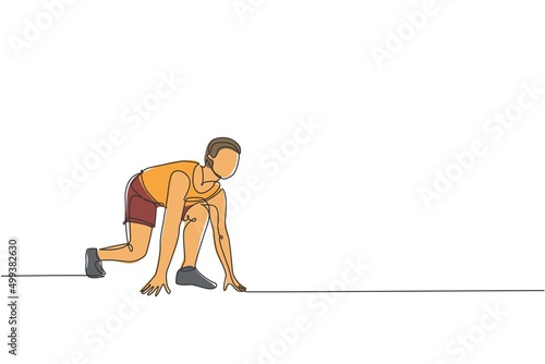 Single continuous line drawing of young happy health sprinter man ready at pole start position to run in run track. Sport and healthy lifestyle concept. Trendy one line draw design vector illustration