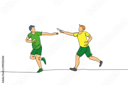 One single line drawing young happy runner man pass baton stick to his teammate at race vector graphic illustration. Healthy lifestyle and competitive sport concept. Modern continuous line draw design