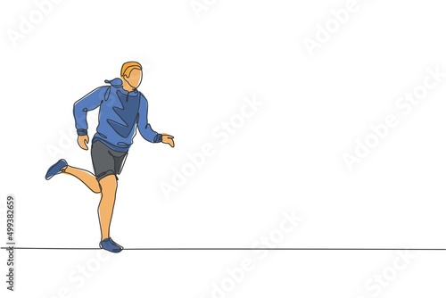 Single continuous line drawing of young happy health runner man wearing hoodie running at city side. Fun sport jogging and healthy lifestyle concept. Trendy one line draw design vector illustration