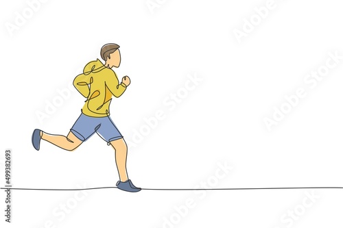 One single line drawing of young happy runner man wearing hoodie exercise to improve stamina vector illustration. Healthy lifestyle and competitive sport concept. Modern continuous line draw design © Simple Line