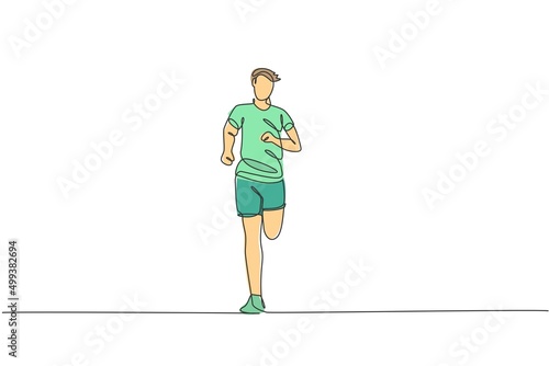 Single continuous line drawing of young happy health runner man running at run track. Fun sport jogging and healthy lifestyle art concept. Trendy one line draw design graphic vector illustration