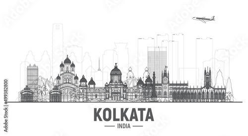 Kolkata ( Calcutta ) India line skyline with panorama at white background. Vector Illustration. Business travel and tourism concept with modern buildings. Image for banner or web site. photo