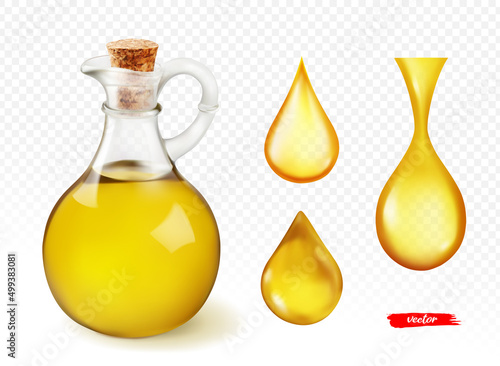 Oil drops and oil bottle isolated on transparent background. Realistic vector illustration of honey drop.