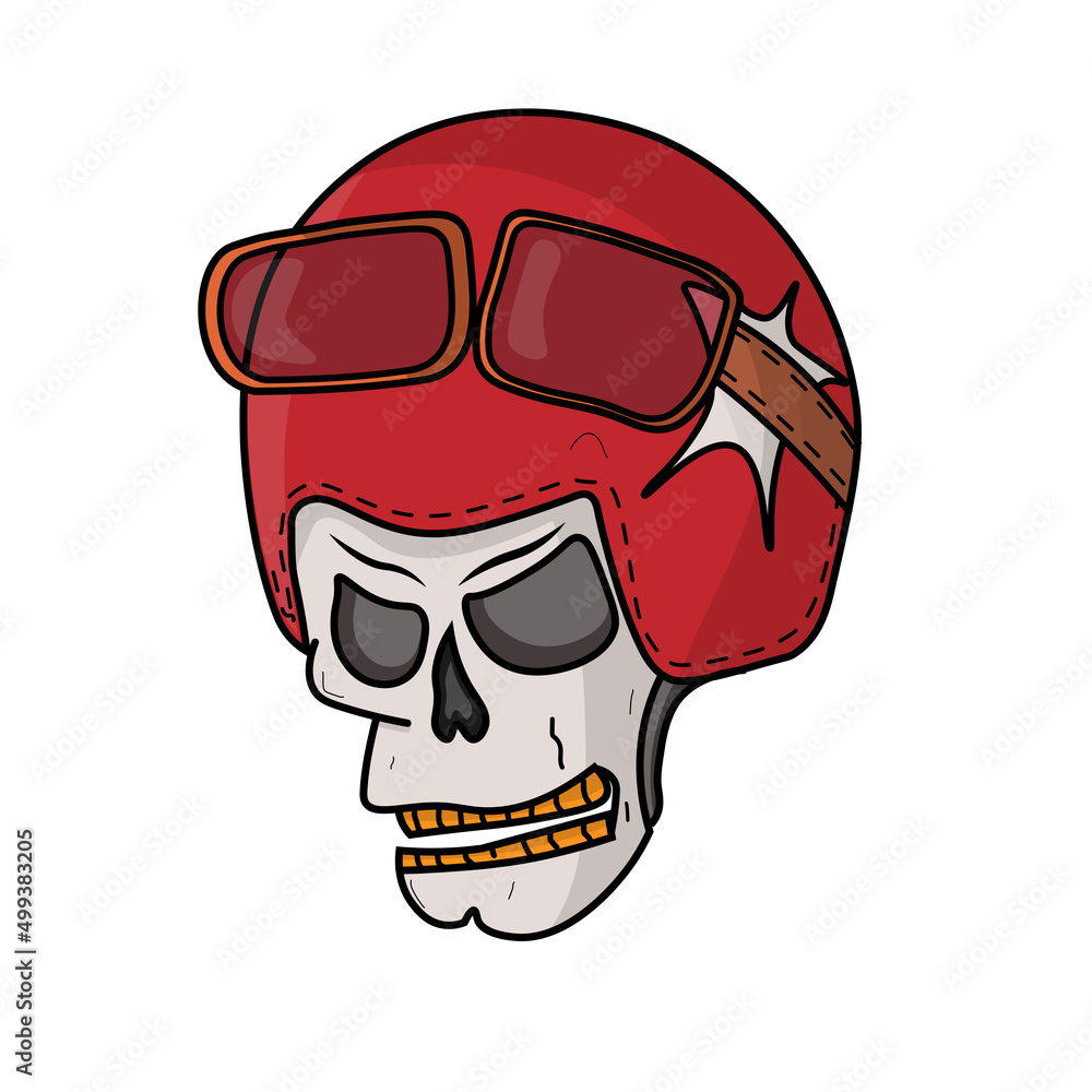Illustration vector of skull wearing red retro helmet with star icon, motor cycle skeleton head logo
