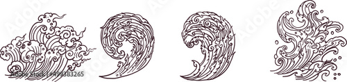 Line Thai wave tattoo.Japanese wave vector set and thai style.