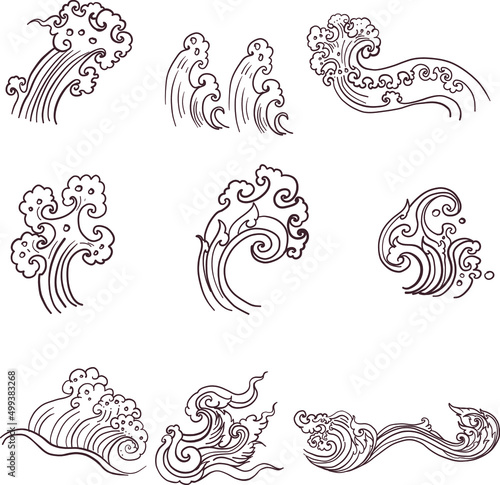 Line Thai wave tattoo.Japanese wave vector set and thai style.