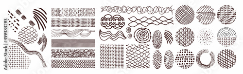 Set of abstract hand drawn patterns and organic line in circle. Elements of watercolor brush, curved and wavy line, scribble and brush stroke. Collection for product design, marketing, ads and decor.