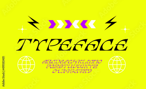 Trendy decorative font. Modern latin alphabet. Uppercase, letters and numbers. Stylish type for contemporary logo, print, header.