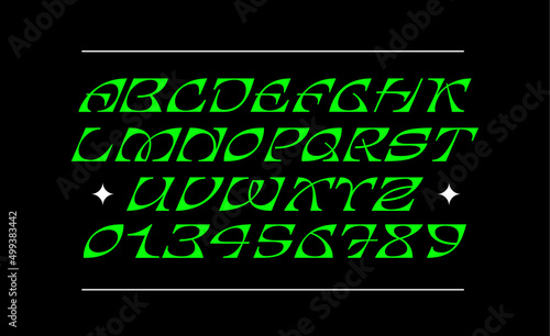 Cool trendy decorative font. Modern latin alphabet. Uppercase, letters and numbers. Stylish type for contemporary logo, print, header.