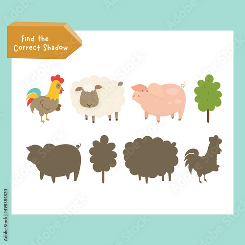 Farm activities for kids. Find the correct shadow for rooster, sheep, pig, tree. Vector illustration.