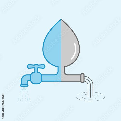 Water drop separated into 2 parts, merged with running tap and draining sewage symbols as a gimmick of water use balance. Vector illustration outline flat design style.