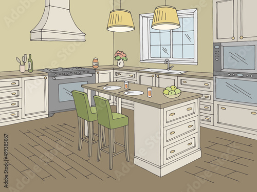 Kitchen room graphic color home interior sketch illustration vector 