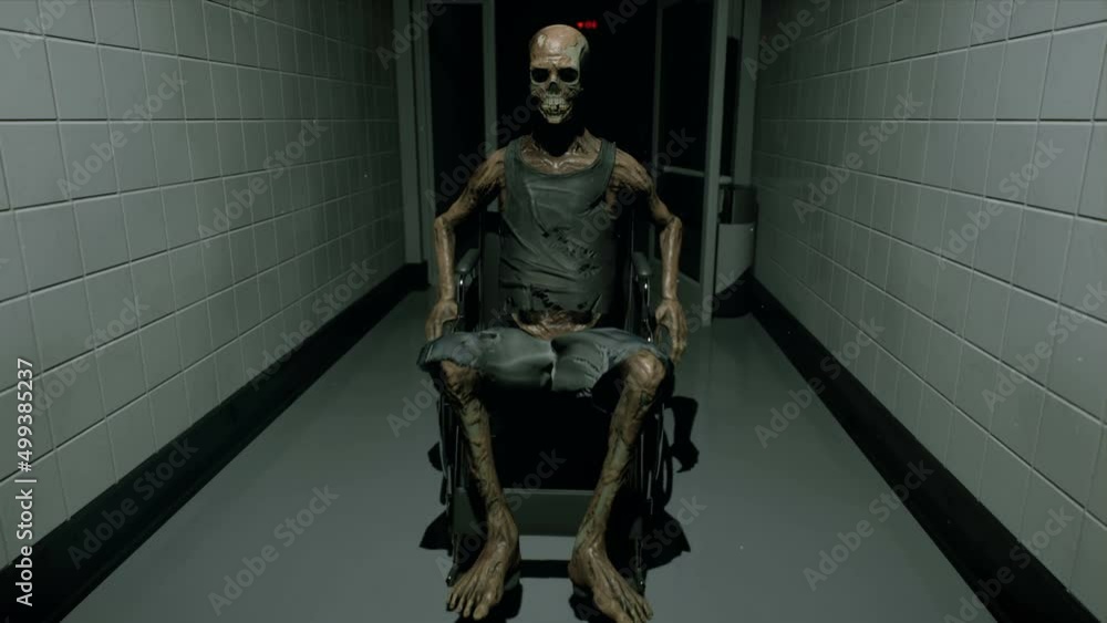 Creepy zombie ride in a wheelchair through an abandoned hospital