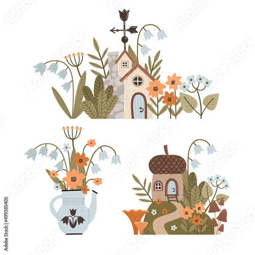 Cute forest background with acorns, mushrooms, forest flowers and herbs. Seamless vector pattern in cottage core style.