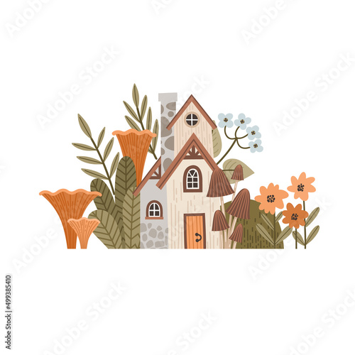 Fairy garden gnomes, houses, flowers and berries magical elements collection. Vector illustration in cartoon style.