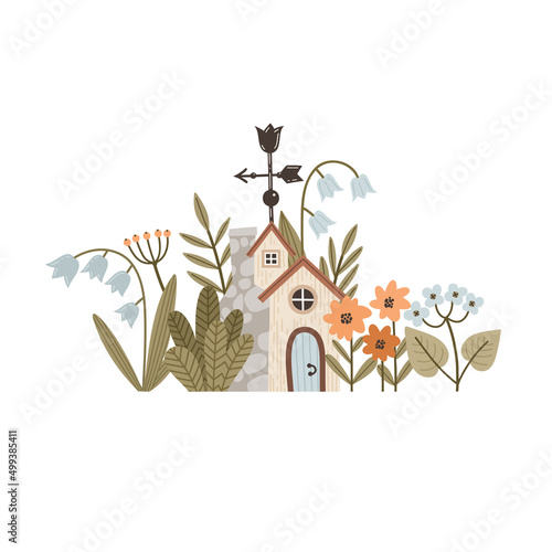 Fairy garden gnomes, houses, flowers and berries magical elements collection. Vector illustration in cartoon style.