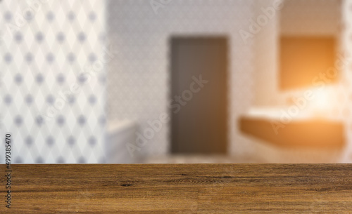 Clean and fresh bathroom with natural light. 3D rendering.. Suns. Background with empty table. Flooring.