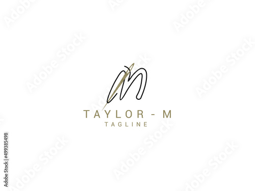 Sewing needle and thread with letter m template design premium Premium Vector