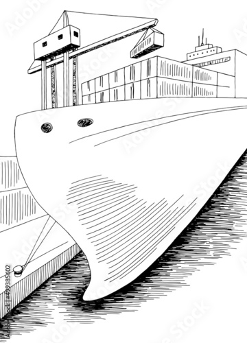 Port loading dry cargo ship graphic black white sea vertical landscape sketch illustration vector 