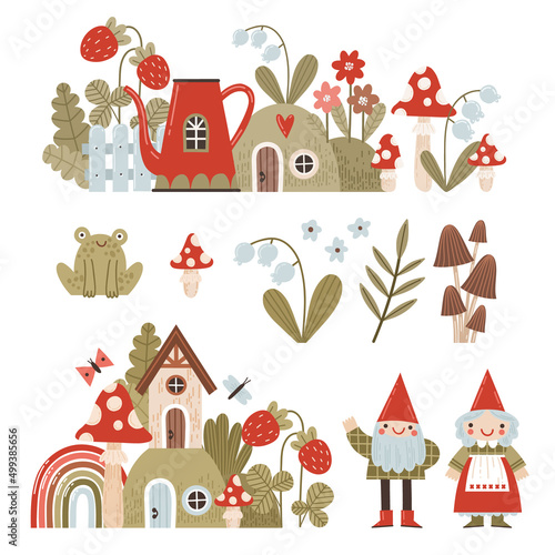 Vector illustrations set of forest plants, magic houses, flowers and fairy tale characters. Cute, fabulous houses, amanita, mushrooms, lilies of the valley in cartoon style, garden gnomes, wood elves