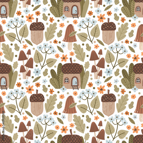 Cute forest background with acorns, mushrooms, forest flowers and herbs. Seamless vector pattern in cottage core style. photo