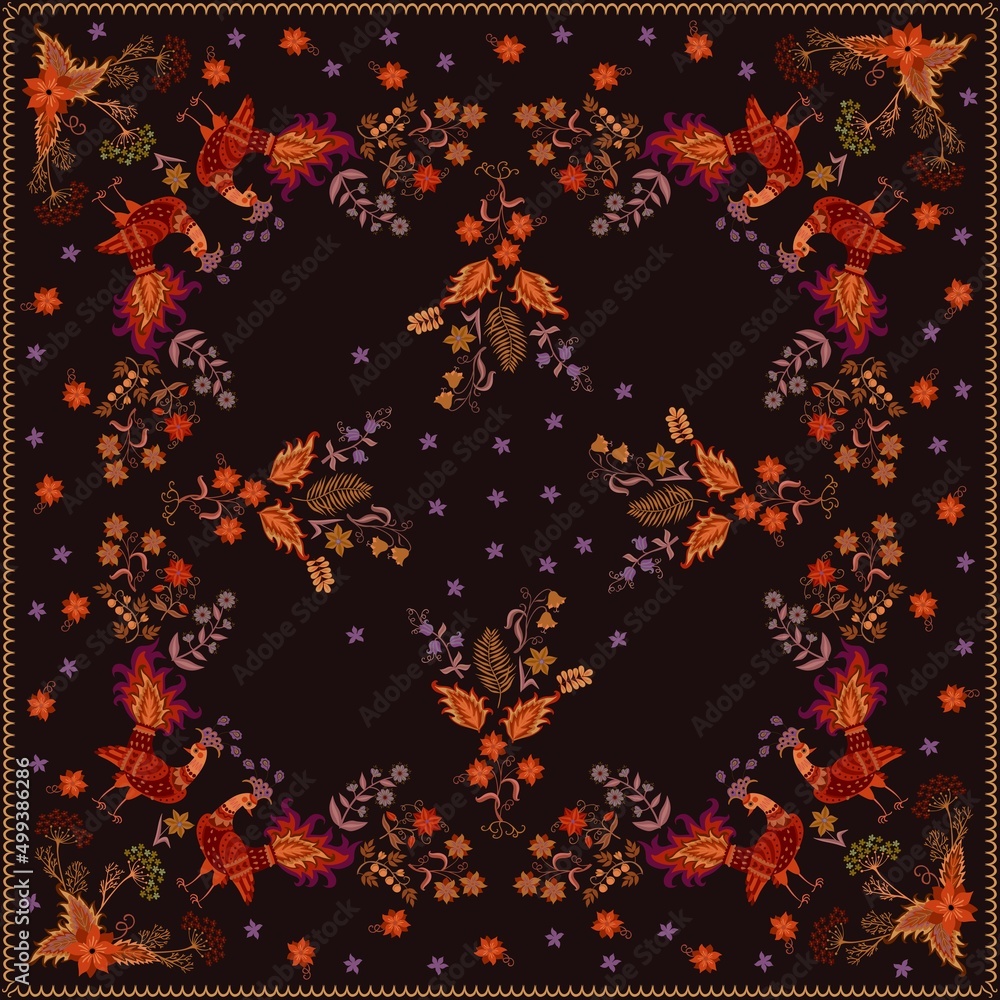 Elegant print for shawl, handkerchief, pillow in folklore style with fabulous peacocks, bouquets of flowers and decorative frame isolated on black background in vector. Russian motives. Elegant print for shawl, handkerchief, pillow in folklore style with fabulous peacocks, bouquets of flowers and decorative frame isolated on black background in vector. Russian motives.