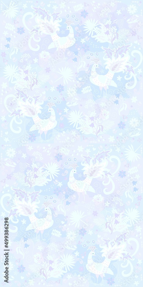 Beautiful natural print for wallpaper, paper with peacocks, palm leaves, flowers in delicate blue and light purple colors in vector. Interior Design.