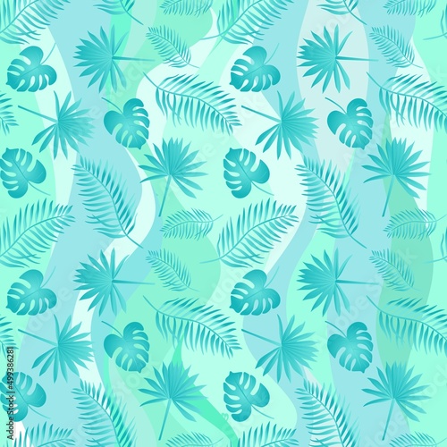 Delicate tropical ornament with emerald green palm leaves against the background of vertical greenish waves. Seamless exotic natural print for silk fabric, wallpaper. Amazing vector pattern.