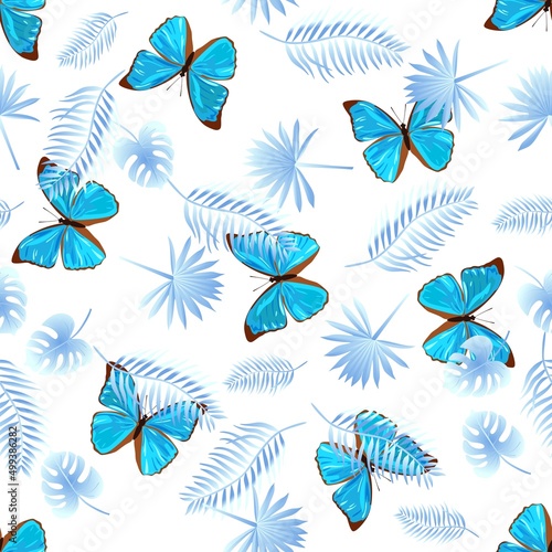 Realistically drawn large tropical blue butterflies and stylized palm leaves form a whimsical ornament on a white background in vector. Seamless print for fabric, wallpaper.