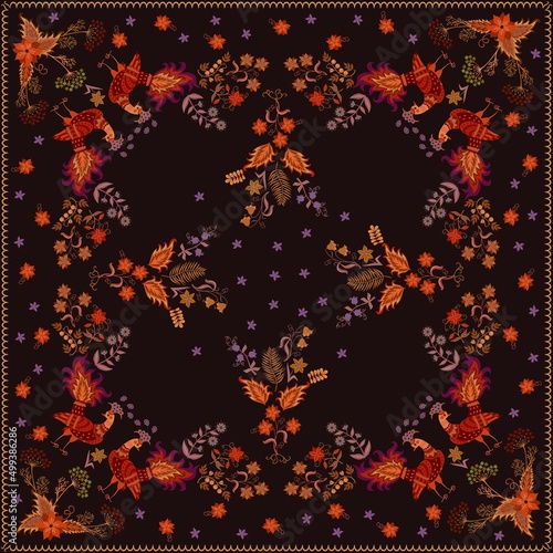 Elegant print for shawl, handkerchief, pillow in folklore style with fabulous peacocks, bouquets of flowers and decorative frame isolated on black background in vector. Russian motives.