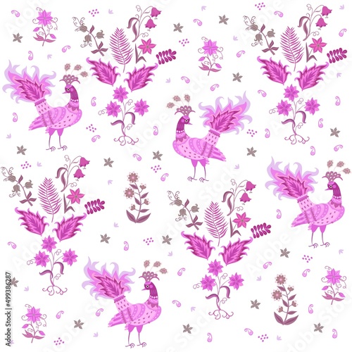 Romantic seamless print for fabric with bright pink fairy peacocks, bouquets of flowers and small paisleys on a white background in vector.