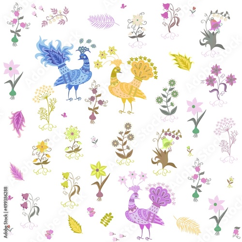 Multicolored peacocks and flowers on a white background. Romantic fabulous ornament for fabric, wallpaper in retro style.