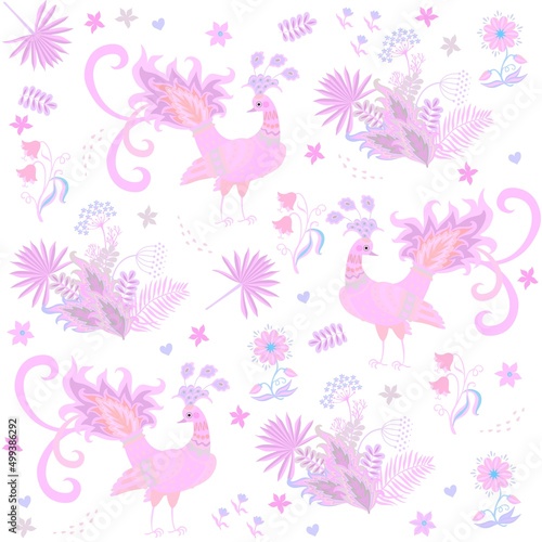 Delicate seamless pink pattern with fabulous peacocks, yellow flowers, tropical leaves, hearts on a white background in vector. Natural print for fabric in folklore style. Russian, Indian motifs.
