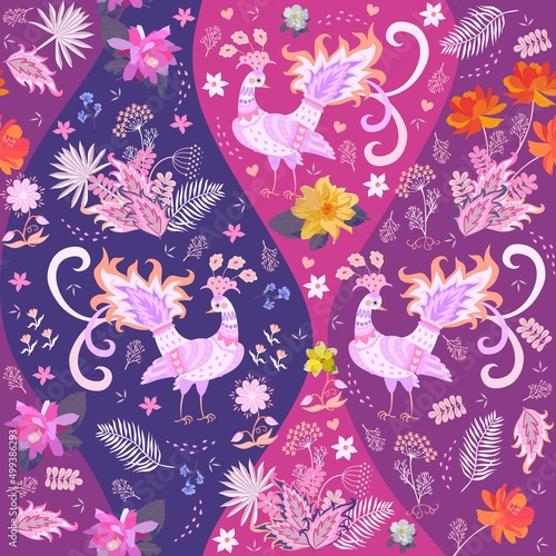 Beautiful romantic patchwork pattern with firebirds, palm leaves, flowers, hearts, small spots on bright blue, crimson, purple backgrounds in vector. Seamless print for fabric. Vintage style.