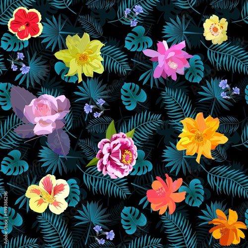 Seamless print with bright garden flowers and green palm leaves on a black background.