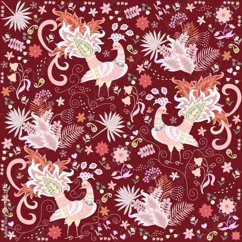 Seamless ornament with cute peacocks, palm leaves, flowers, hearts, swirls, paisley on a brown background. Print for fabric. Indian, Turkish motifs.