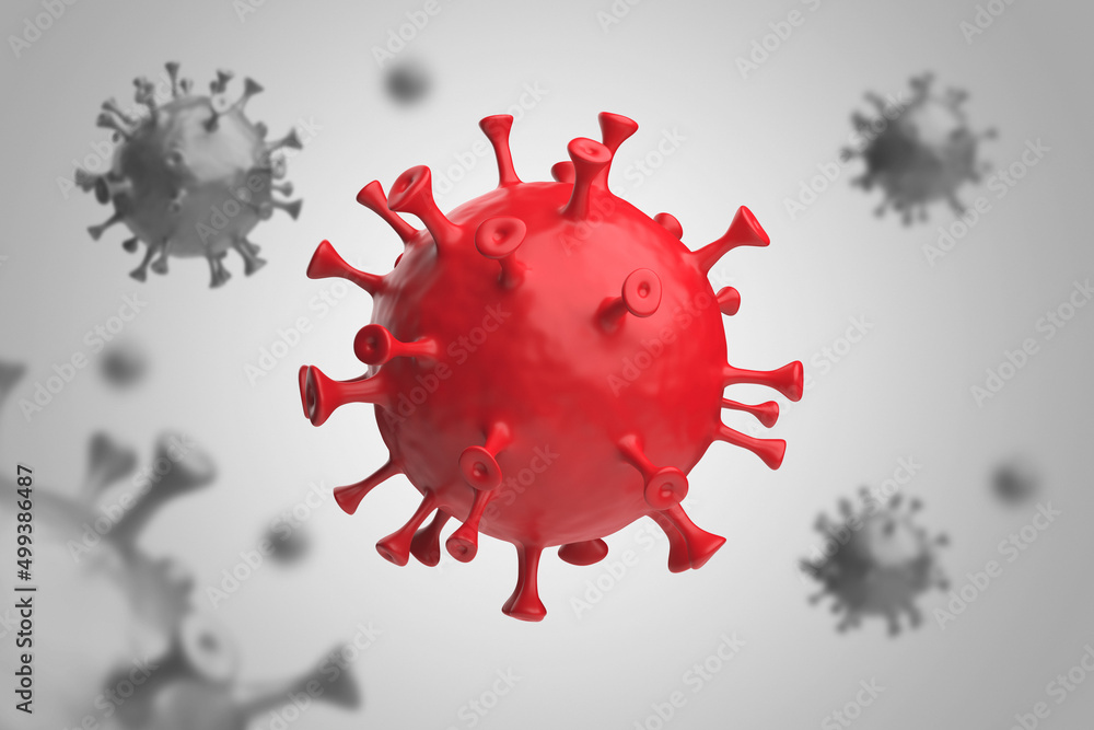 Coronavirus 3d render. Covid red on grey background. Coronavirus 3d render. Covid red on grey background.