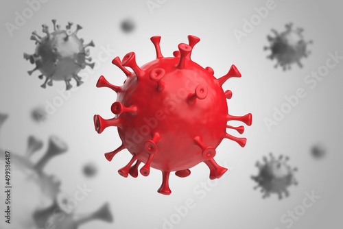 Coronavirus 3d render. Covid red on grey background.