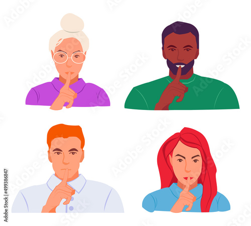 Shhh... Collection of man and woman keep finger on lips, demonstrate silence sign, have a secret. Editable vector illustration