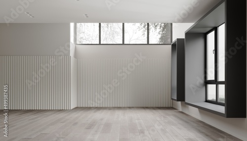 3d rendering of modern empty living room with wooden floor, wall with big black window on nature background