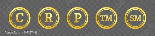 Set of registered trademark symbols in gold. Intellectual property sign.