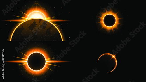 Set Sun Eclipse Solar Collection Color Fire Dark Background Vector Moon Design Style Space Science Glow Light